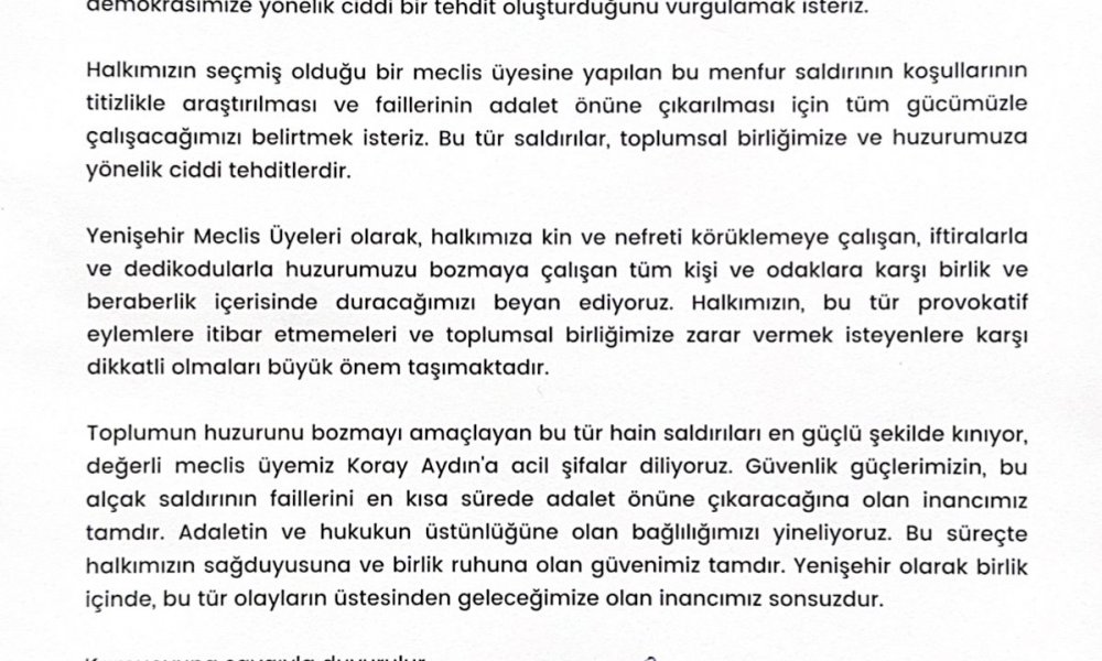 YENİŞEHİR MECLİSİ’NDEN SİLAHLI SALDIRIYA KARŞI BİRLİKTELİK MESAJI